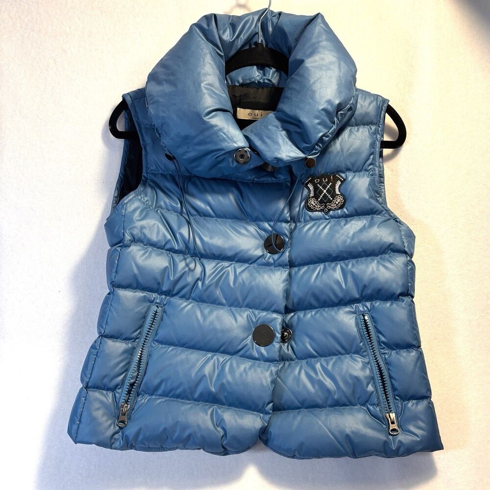 OUI Women’s 4 Down Filled Puffer Vest Teal Color Funnel Neck Snap + Zip Front